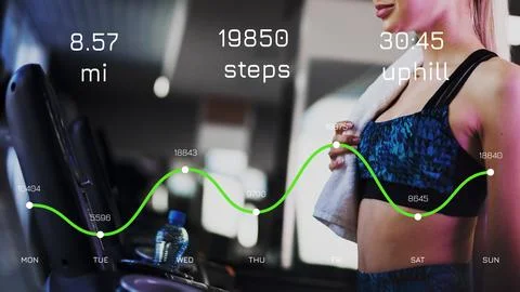 Fitness tracking data from workout showing distance, steps, and time spent Stock Photos