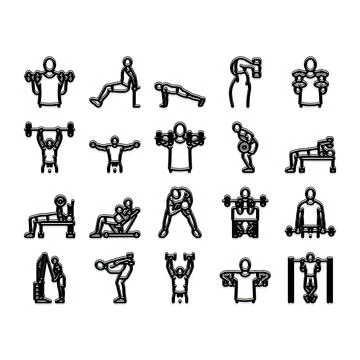 Fitness training lifting weights exercising body workout icons Stock Illustration
