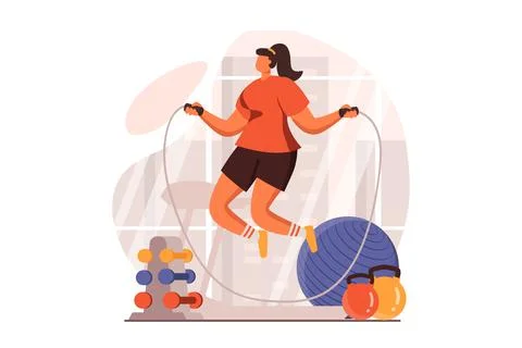 Fitness web concept in flat design. Woman in uniform does cardio workout and Stock Illustration