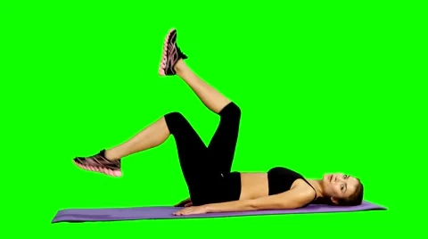 Fitness Woman doing strength exercises for abdominal muscles, Gym, Green screen Stock Footage