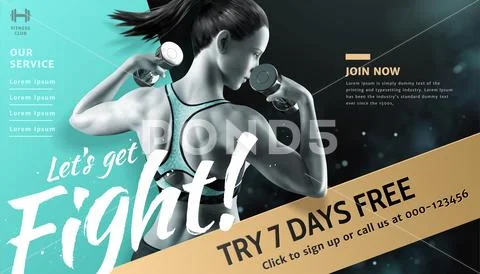 Fitness woman with dumbbell ads Stock Illustration