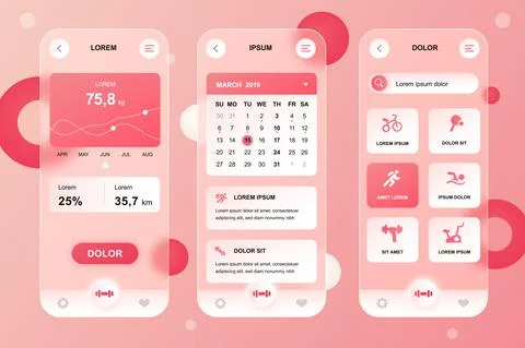 Fitness workout neumorphic elements kit for mobile app. Sports activity tracker Illustrazione stock