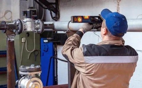 Fitter assembler is assembling a new gas pipeline line in a gas boiler room. Stock Photos