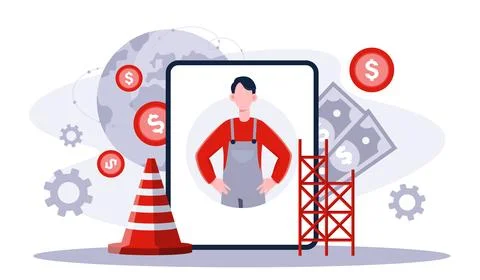 Fitter installer online. Man in uniform near large traffic cone and scaffolding Stock Illustration