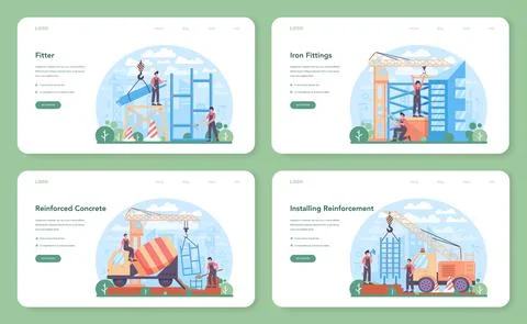 Fitter or installer web banner or landing page set. Industrial builder Stock Illustration