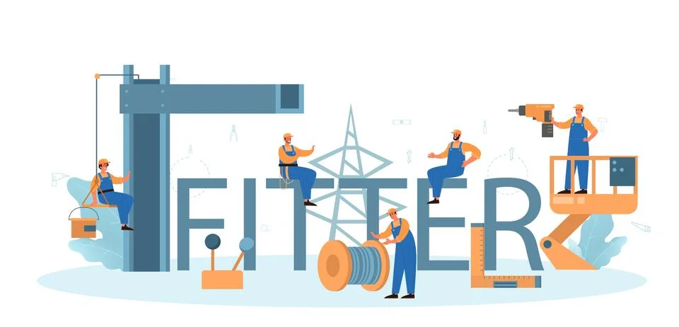 Fitter typographic header. Worker in uniform installing constructions Ilustração Stock