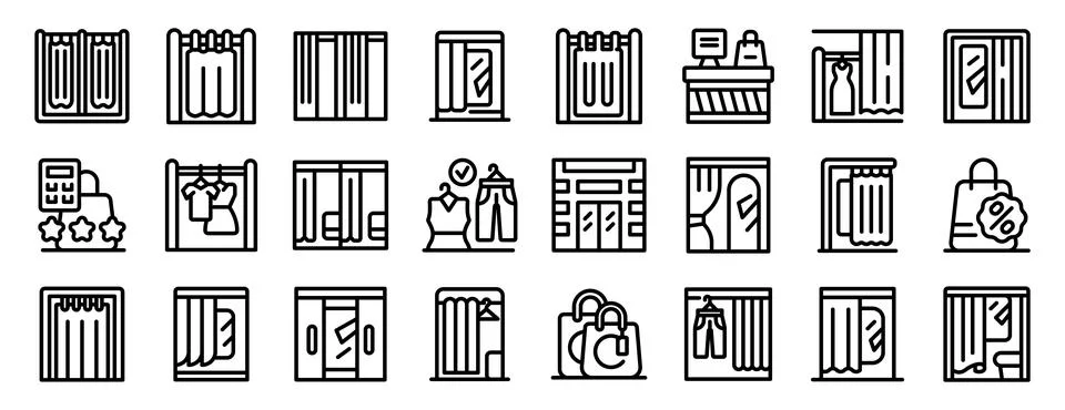 Fitting room icons set. Fitting room icons showing customers trying on clot.. 스톡 일러스트