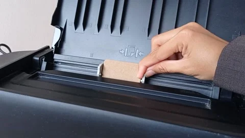 Fitting size of the paper on a black printer Stock Footage 146248494