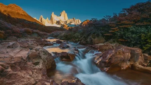 Fitz Roy mountain in sunrise lights. Los Glaciares National Park, Patagonia Stock Footage 75821184