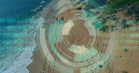 Five adults walking shore drone rise sparking HUD rings mapping prints while Stock Footage 330444338