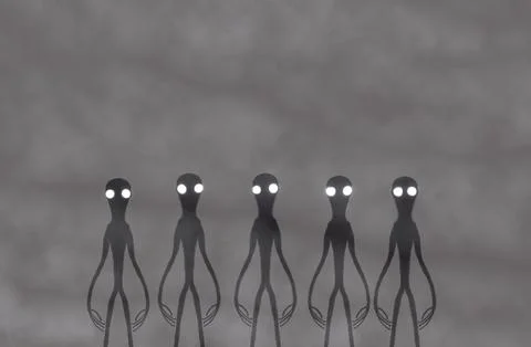 Five Alien Figures Emerging from Mist with Glowing Eyes Stock-Illustration