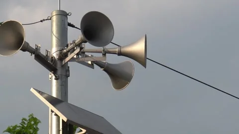 Five amplification megaphones with moving clouds Stock Footage 290884947
