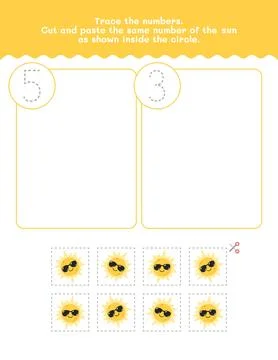 Five And Three Counting And Tracing Number Worksheet. Cut And Paste Workshe.. Stock Illustration