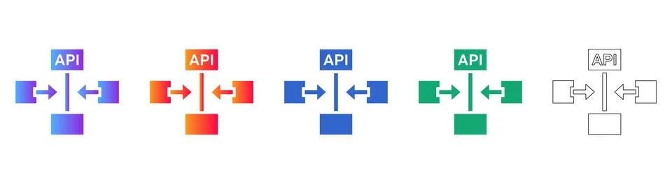 Five API Integration Icons with Data Flow Arrows Stock Illustration