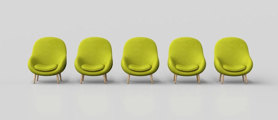 Five armchairs in a row. Gray background. 3d render. Stock Illustration