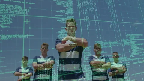 Five athletic men emerging walking under green code filter folding arms Stock-Footage 312789507