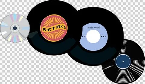 Five audio discs are aligning diagonally in flat design showing disc labels, Stock Illustration