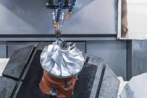 Five axis CNC machining center cutting jet engine turbine. Foto stock