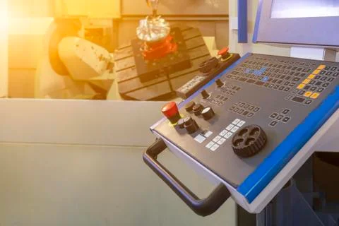 Five axis CNC machining with panel cutting jet turbine. Stock Photos