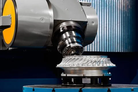 Five-axis milling machine makes turbine wheel at plant Foto stock