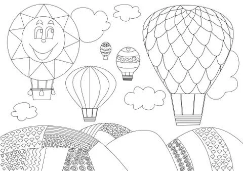 Five Balloons flying the sky - black and white sketch Stock Illustration