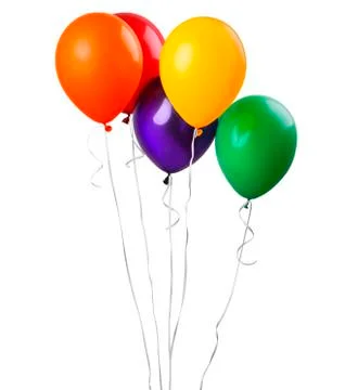 Five balloons isolated on a white background. Party decoration for celebratio Foto stock
