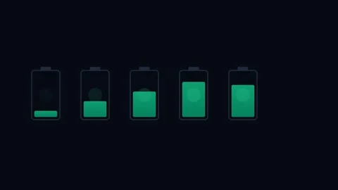 Five battery icons displayed in a row with decreasing charge levels shown Video stock 338309774