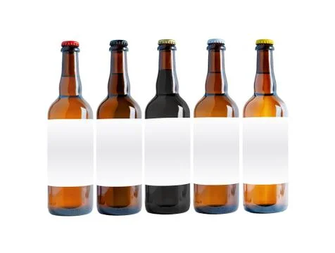 Five Big Beer Bottles Mock-Up with different caps. Blank Label on white backg Stock Photos
