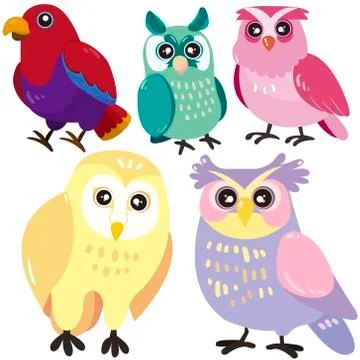 Five birds on white background Illustrazione stock