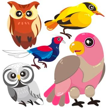 Five birds on white background Illustrazione stock