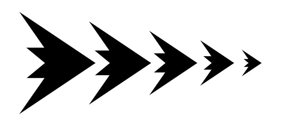 Five black abstract lightning bolt shapes decreasing in size arrow concept Stock Illustration