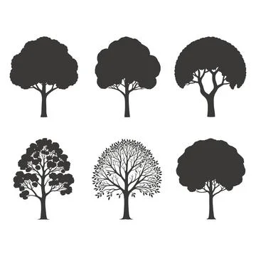 Five black and white tree silhouettes in two rows nature Illustrazione stock