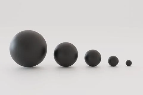 Five black balls of different sizes. balls of different sizes on a white back Stock Illustration