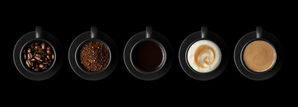Five black cups of coffee with different coffees Stock Photos