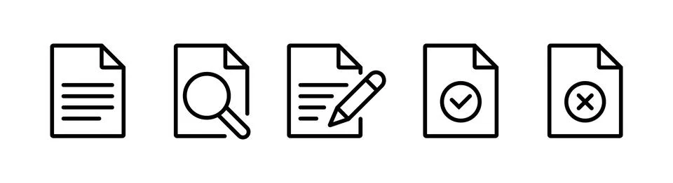 Five black document icons showing text search edit checkmark and cross file.. Stock Illustration