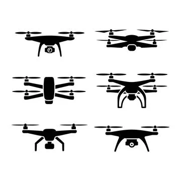 Five Black Drone Silhouettes in Different Angles technology Stock Illustration
