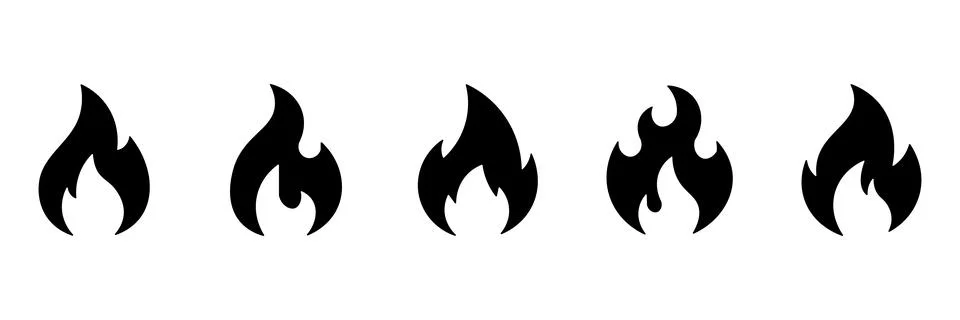 Five black flame in a row on a white background fire symbol heat energy Illustrazione stock
