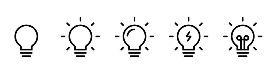 Five black line light bulb showing stages of illumination and ideas concept.. Stock Illustration