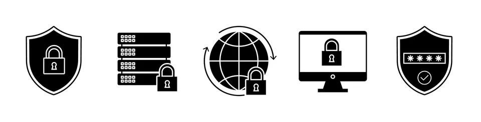 Five black security icons shield lock server globe computer password Stock Illustration
