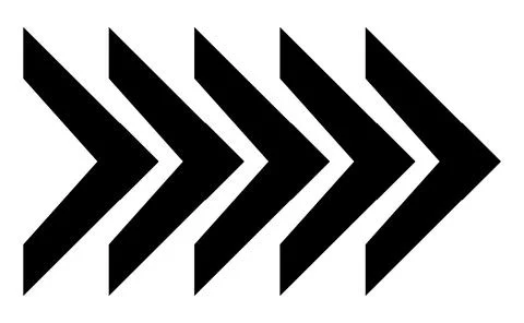 Five black sharp chevron arrows, Multiple chevron directional pattern, Right  Stock-Illustration