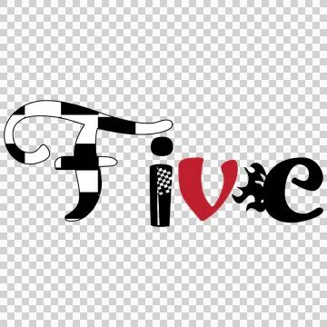 Five Black Text With Checkered Flag And Flame display white Illustration