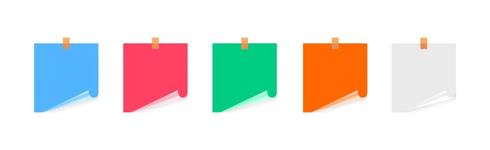 Five blank colorful sticky notes are taped to a clean white background Stock Illustration
