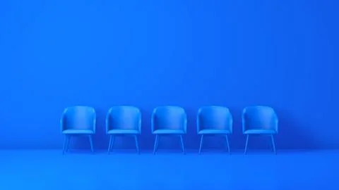 Five Blue Office Chairs on a Blue Studio Background. Business concept. Illustrazione stock