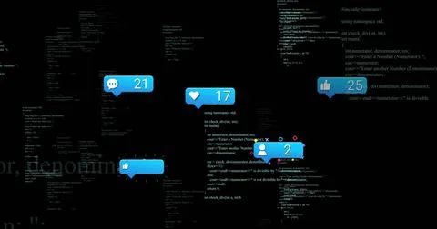Five blue social media notification bubbles floating in code editor, with Stock Illustration
