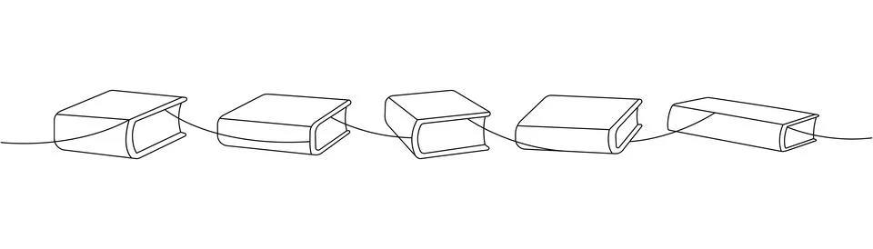 Five books in a row connected by a single line. Simple continuous drawing style Stock Illustration