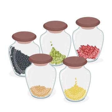 Five Bottles of Different Beans Isolated on White Background Stock Illustration