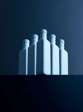 Five bottles in front of dark background, 3D-Rendering Stock Illustration