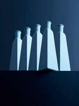 Five bottles in front of dark background, 3D-Rendering Stock Illustration