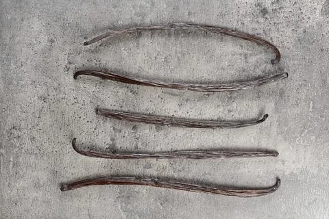 Five bourbon vanilla sticks on gray stone like board, view from above Foto stock