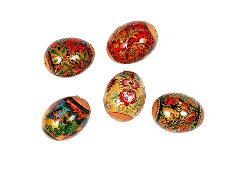 Five brightly colored Easter eggs with patterns, isolated on white Stock Photos